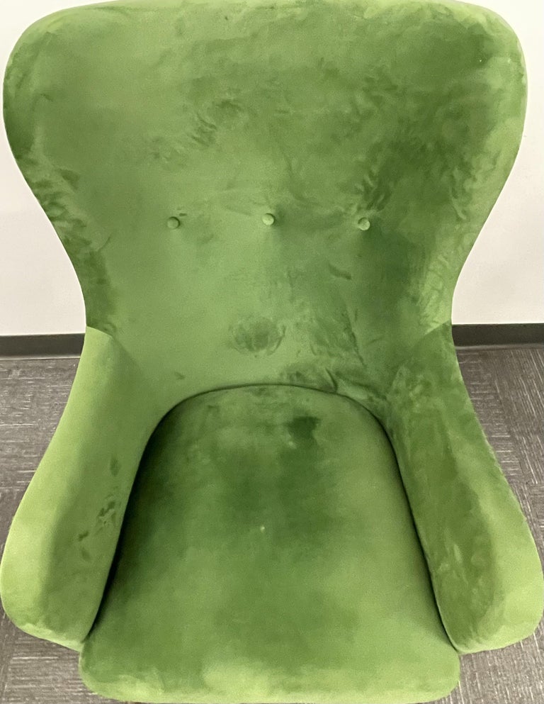 Fabric Pair of Mid-Century Italian Wingback Arm Chairs, Green Velvet, Gilt Metal Legs For Sale