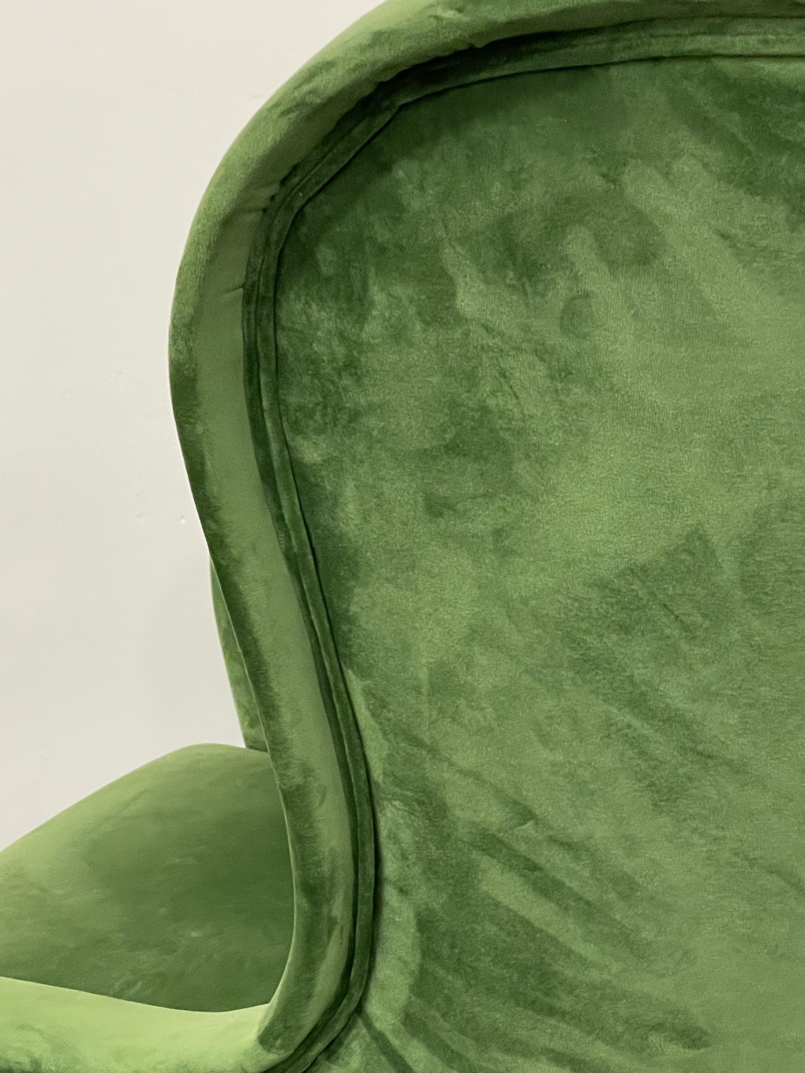 Mid-20th Century Pair of Mid-Century Italian Wingback Arm Chairs, Green Velvet, Gilt Metal Legs