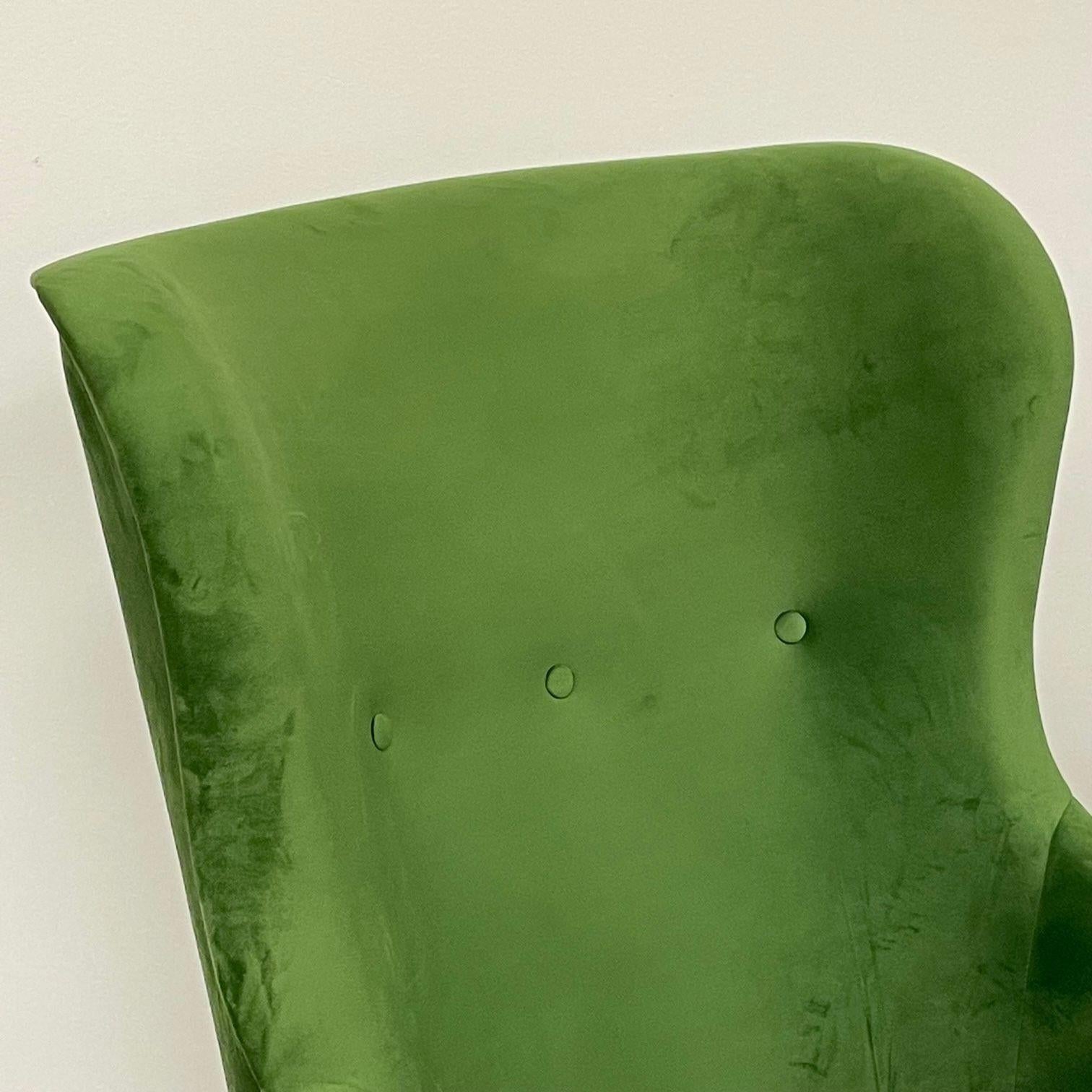 Pair of Mid-Century Italian Wingback Arm Chairs, Green Velvet, Gilt Metal Legs 1