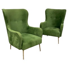 Pair of Mid-Century Italian Wingback Arm Chairs, Green Velvet, Gilt Metal Legs