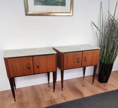 Pair of Mid-Century Italian Wood Brass Night Stands Bedside Tables and Glass Top