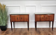 Pair of Mid-Century Italian Wood Brass Night Stands Bedside Tables and Glass Top