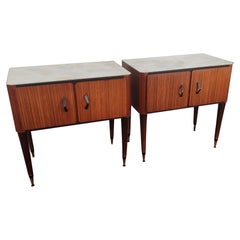 Pair of Mid-Century Italian Wood Brass Night Stands Bedside Tables and Glass Top