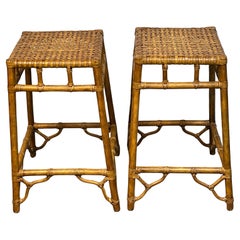 Pair of Mid-Century Italian Woven Leather & Wood Barstools