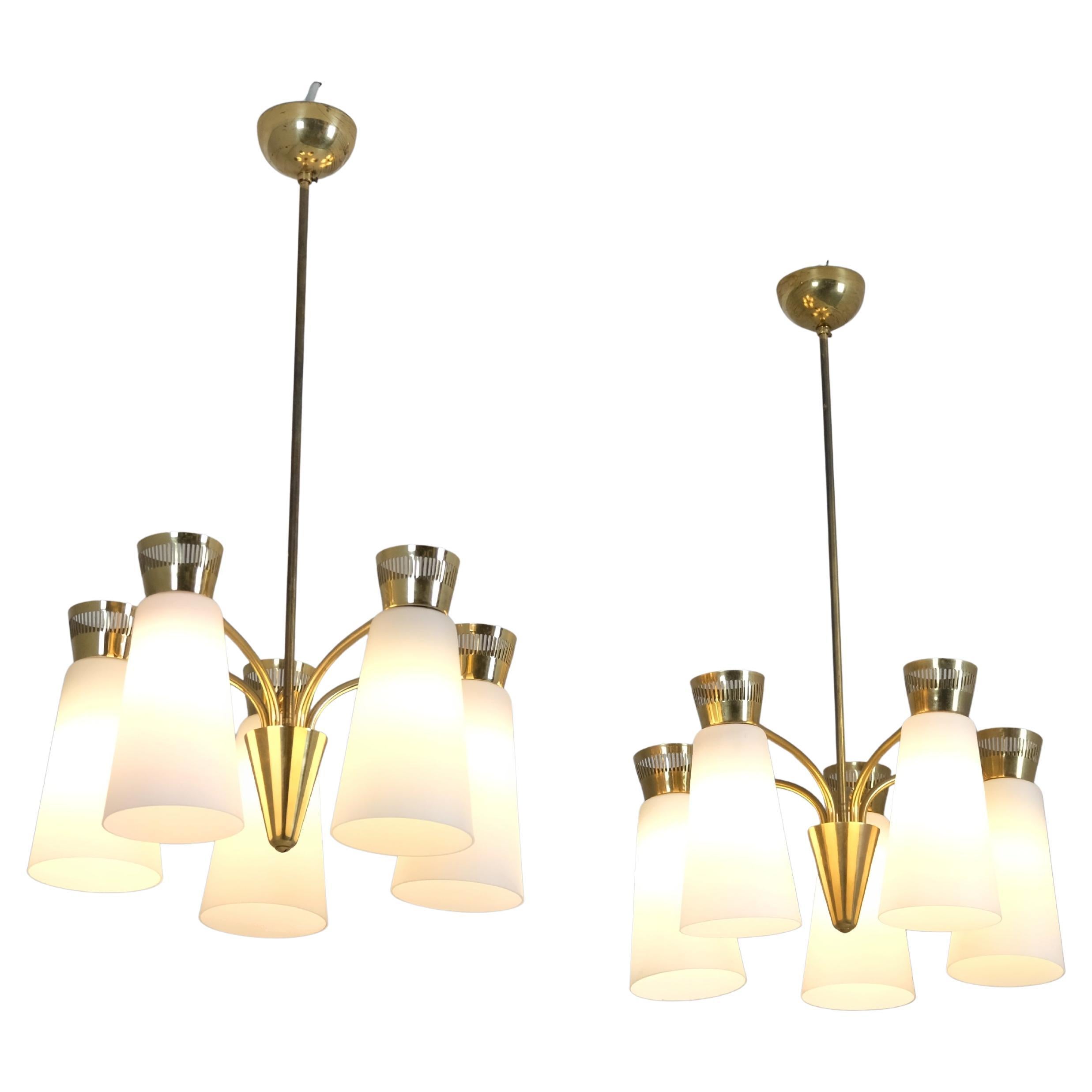 Pair of Mid-Century Itsu Chandeliers ER 103/5, Brass & Opaline, Finland 1950s