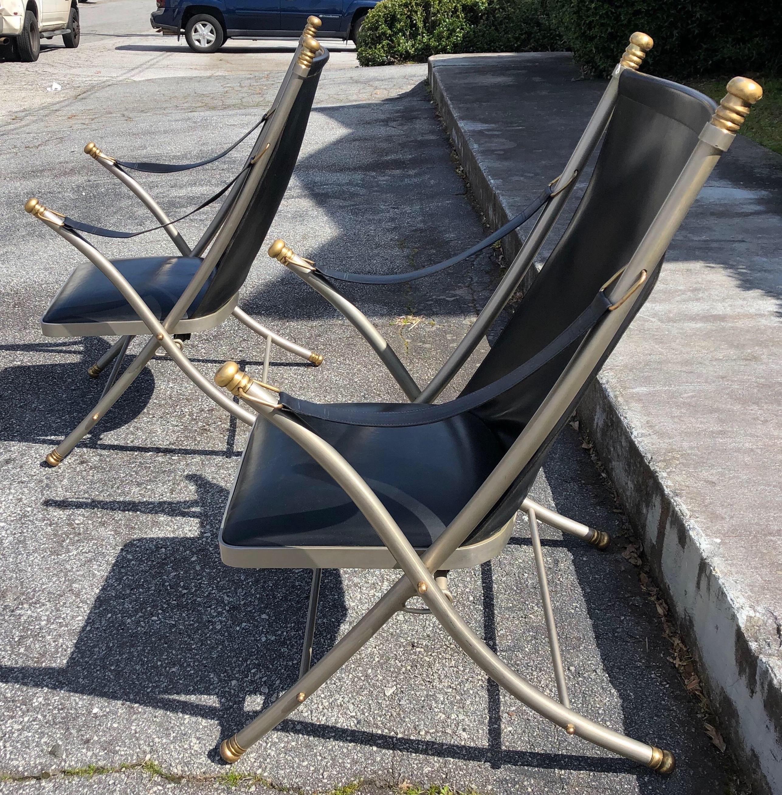 French Pair of Midcentury Jansen Campaign Style Chairs