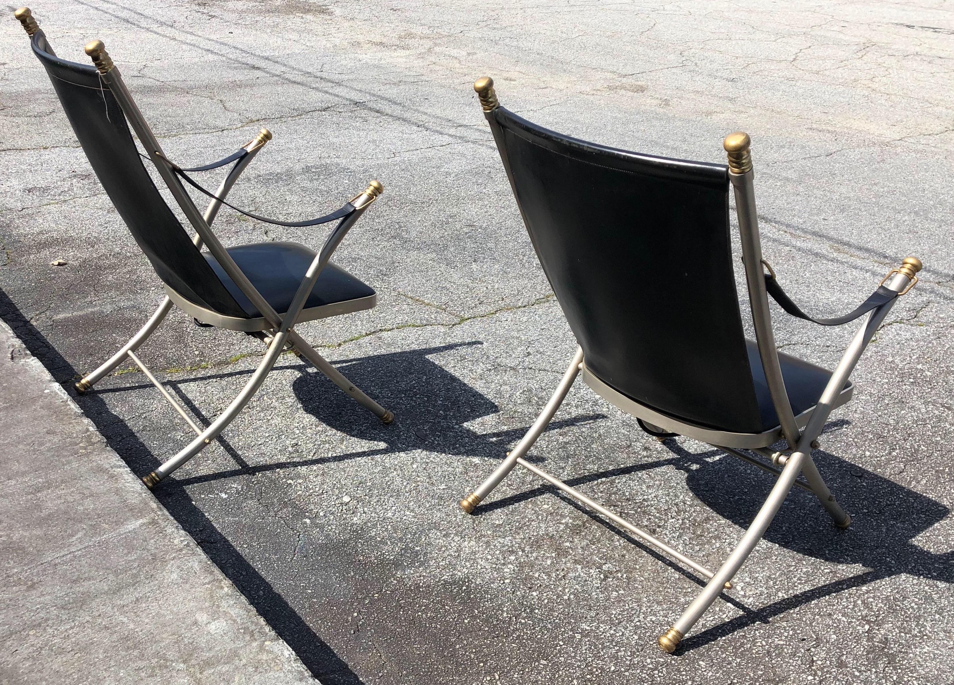 Pair of Midcentury Jansen Campaign Style Chairs In Good Condition In Charleston, SC
