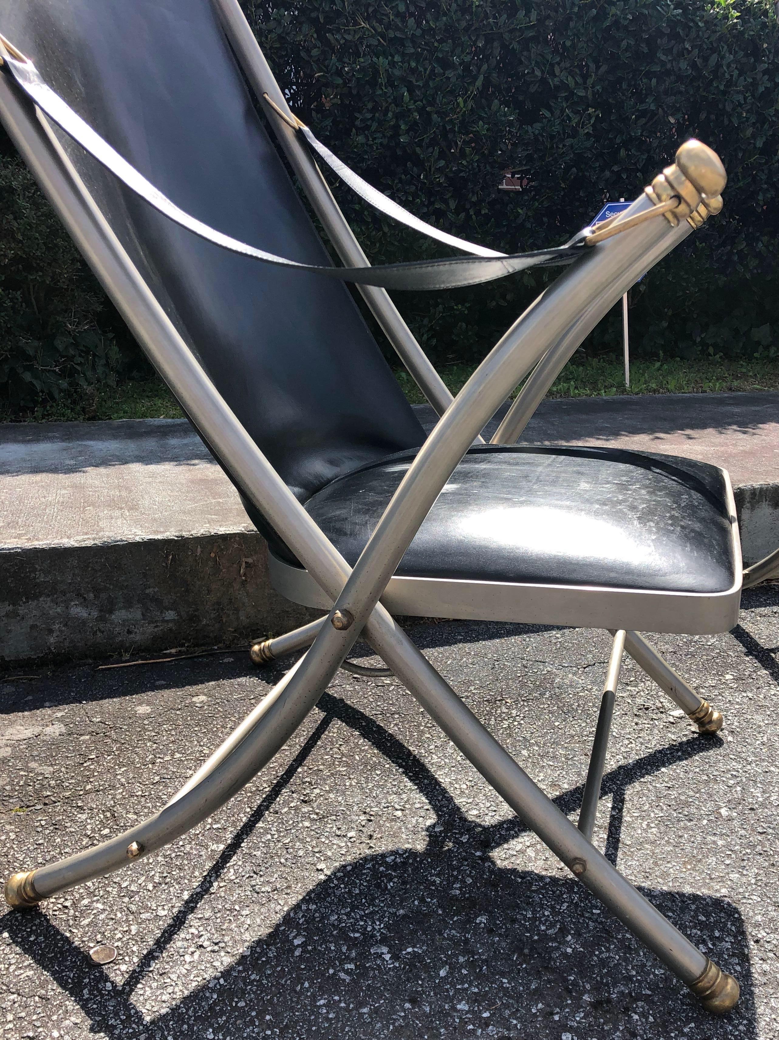 Brass Pair of Midcentury Jansen Campaign Style Chairs