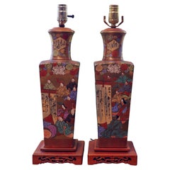 Pair of Mid-Century Japanese Kutani  Hand Painted Vase Table Lamps