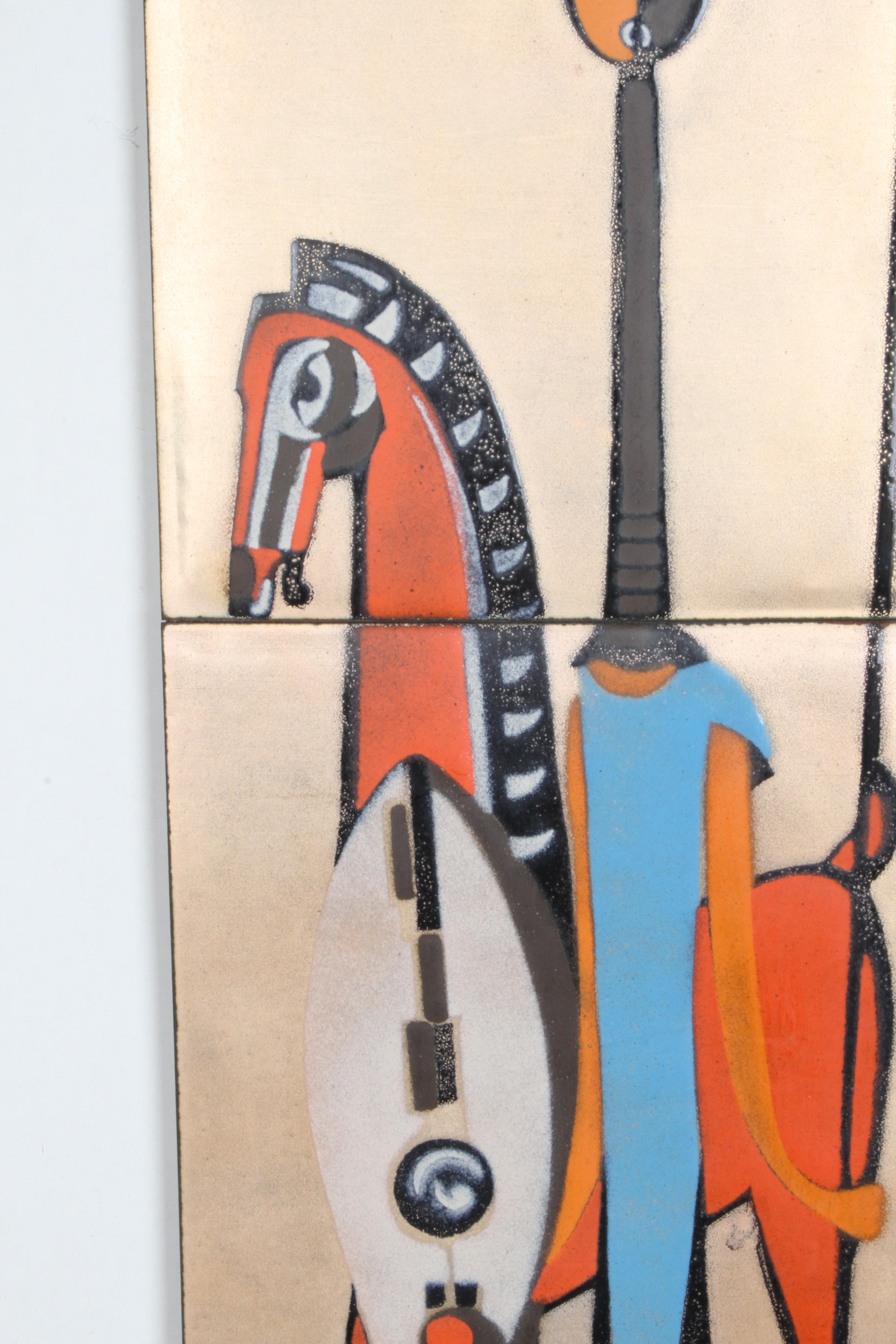Pair of Mid-Century Judith Daner Style Enamel on Copper Tiles Horses & Warriors For Sale 3