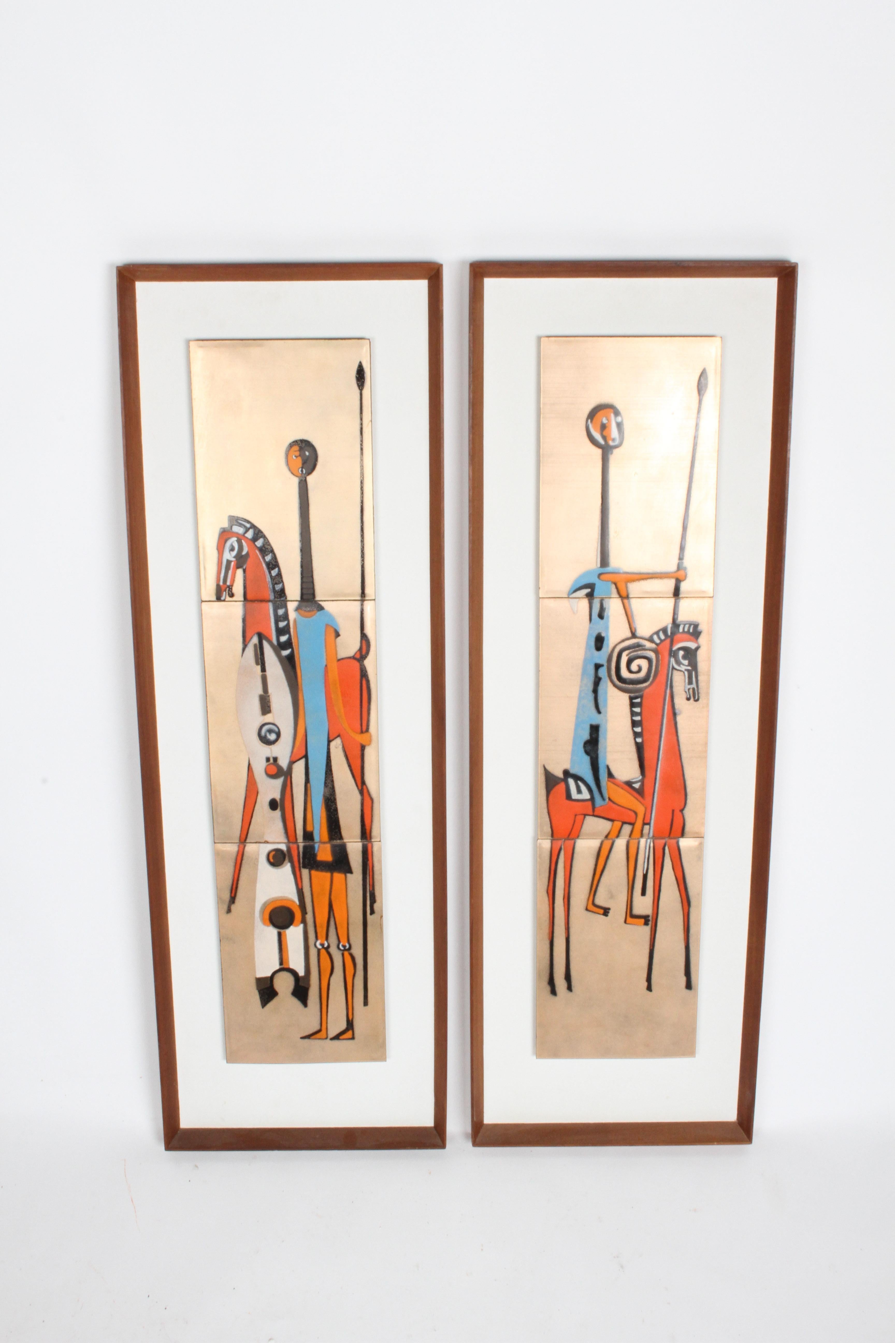 Pair of Mid-Century Judith Daner Style Enamel on Copper Tiles Horses & Warriors For Sale 7