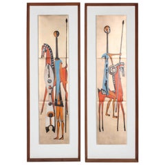 Pair of Mid-Century Judith Daner Style Enamel on Copper Tiles Horses & Warriors