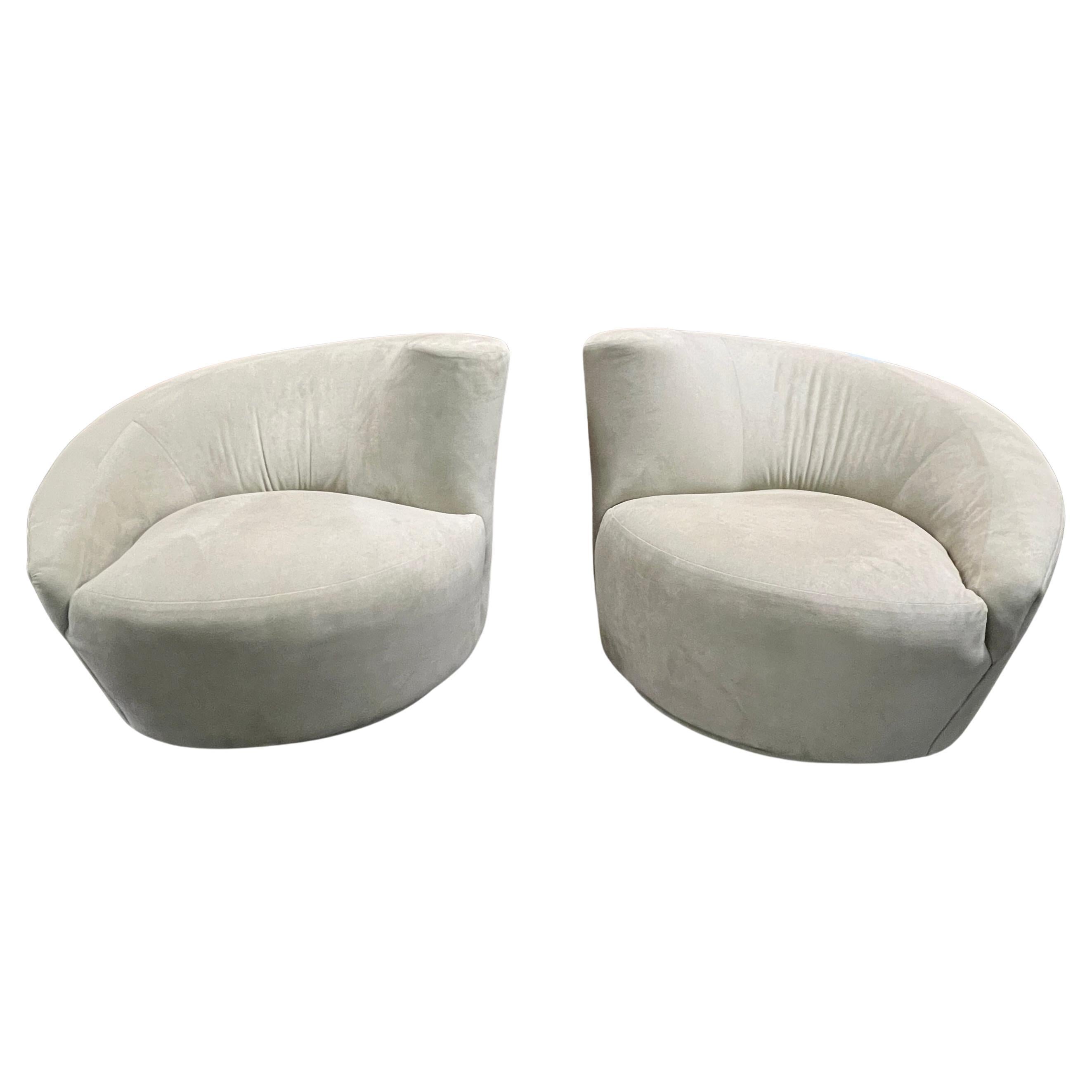 Pair of Mid-Century Swivel Chairs in Light Green Ultrasuede For Sale