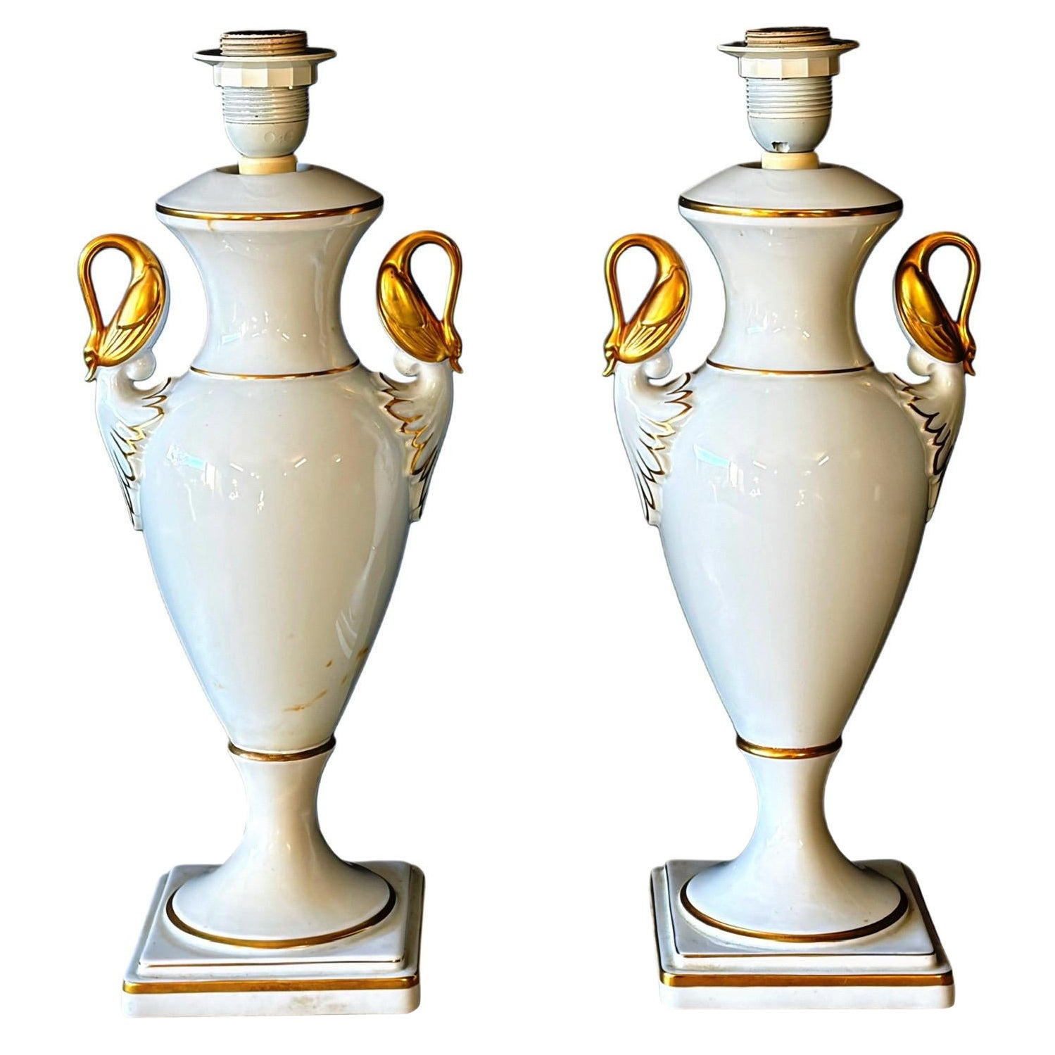 Pair of Mid-Century Kaiser Porcelain Urn Lamps with Gilt Swan Handles For Sale