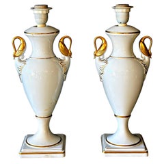 Pair of Mid-Century Kaiser Porcelain Urn Lamps with Gilt Swan Handles