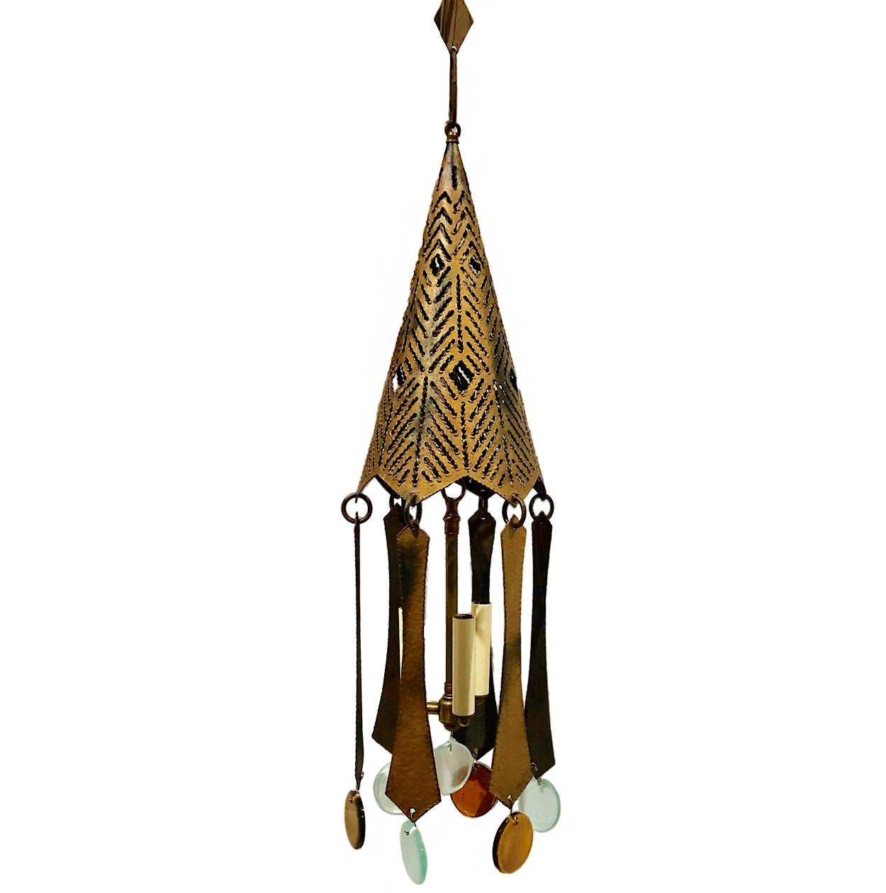 Gilt Pair of Midcentury Lanterns with Glass Pendants, Sold Individually