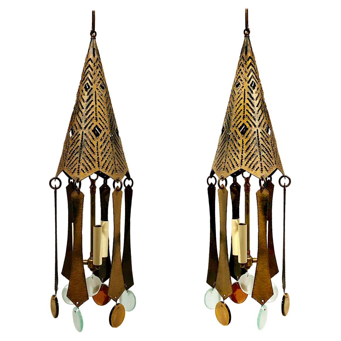 Pair of Midcentury Lanterns with Glass Pendants, Sold Individually In Good Condition For Sale In New York, NY