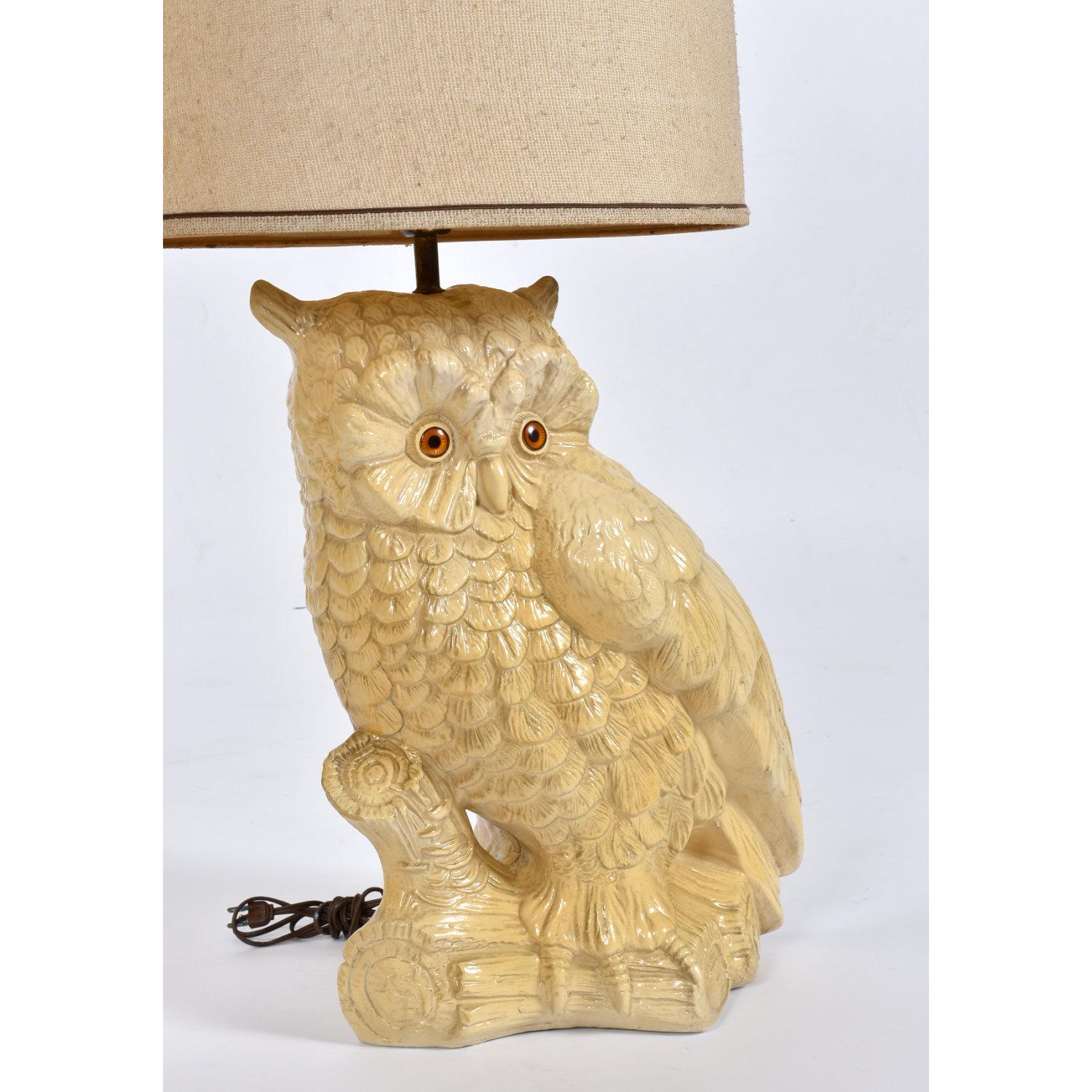 Ceramic Pair of Mid-Century Large Antique White Owl Lamps with Original Shades For Sale