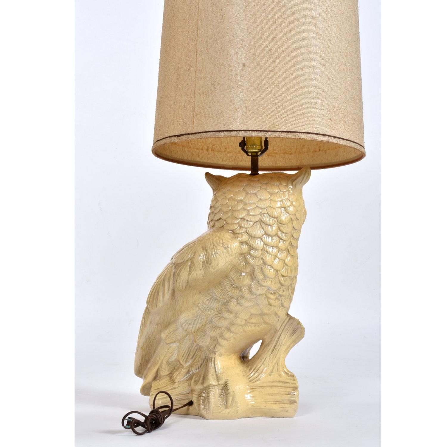 Pair of Mid-Century Large Antique White Owl Lamps with Original Shades For Sale 1
