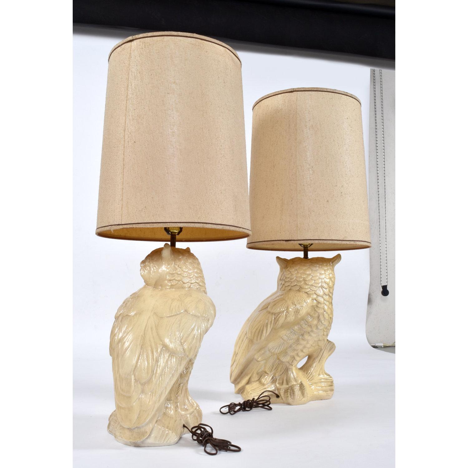 Pair of Mid-Century Large Antique White Owl Lamps with Original Shades For Sale 2