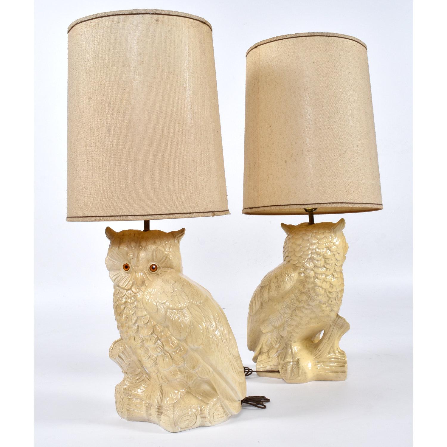These huge owl lamps will make heads spin maybe even 360 degrees. The obtuse chalkware (plaster) lamps feature massive owls with jewel-like orange eyes. The eyes are made of plastic rather than ceramic. Light glitters in the reflective surface just