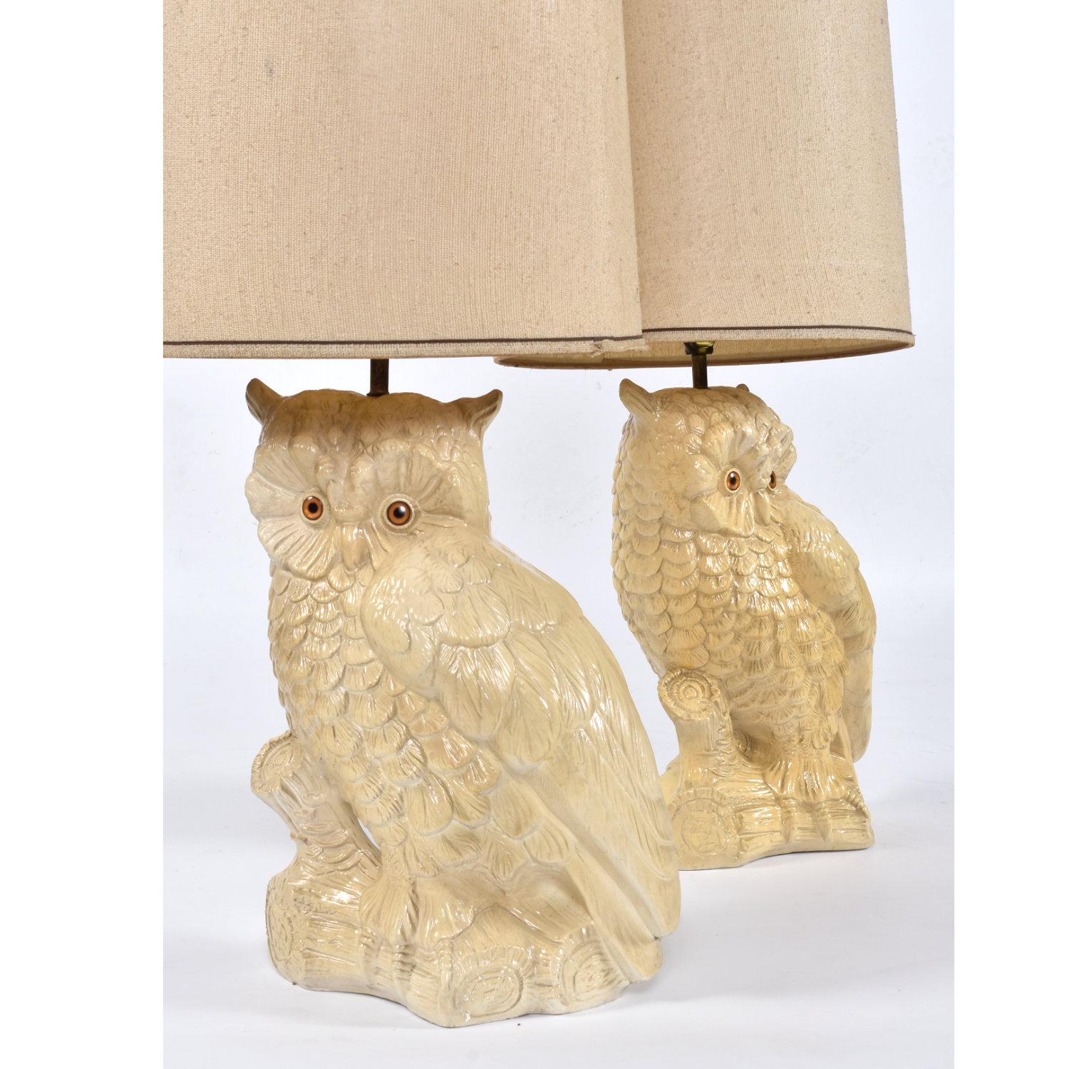 Hollywood Regency Pair of Mid-Century Large Antique White Owl Lamps with Original Shades For Sale