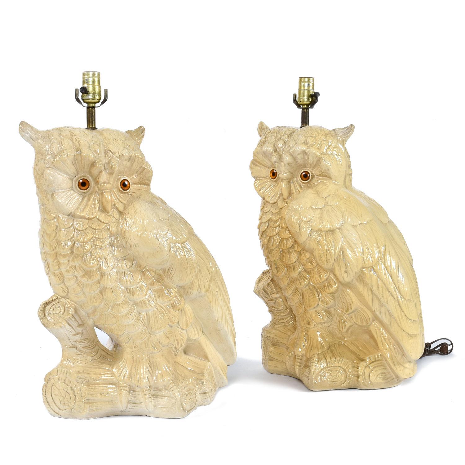 American Pair of Mid-Century Large Antique White Owl Lamps with Original Shades For Sale