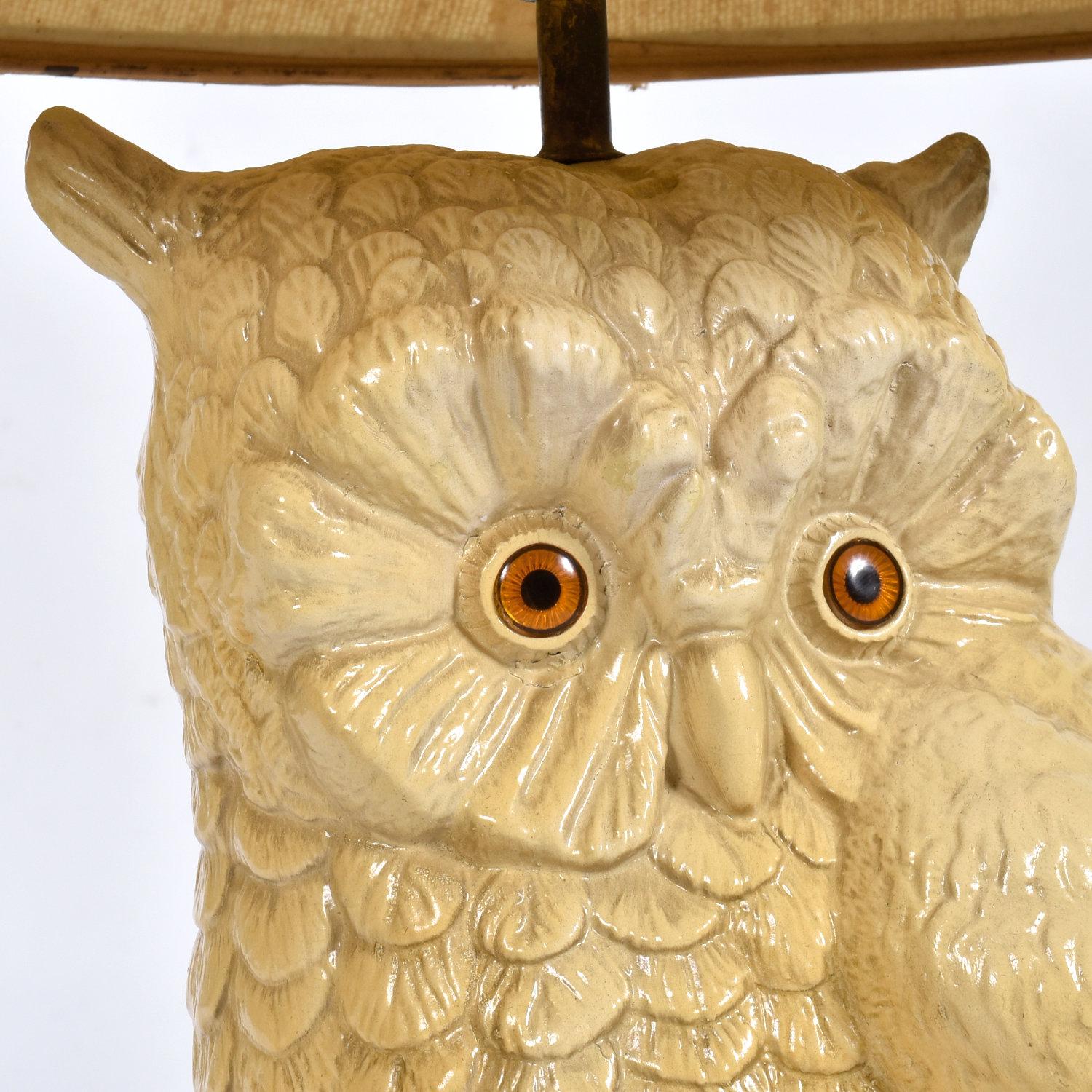 Pair of Mid-Century Large Antique White Owl Lamps with Original Shades In Good Condition For Sale In Chattanooga, TN