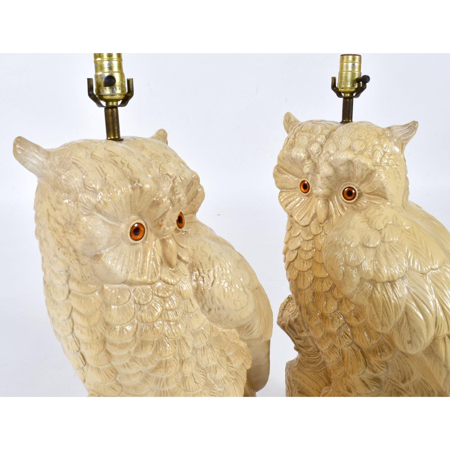 Mid-20th Century Pair of Mid-Century Large Antique White Owl Lamps with Original Shades For Sale