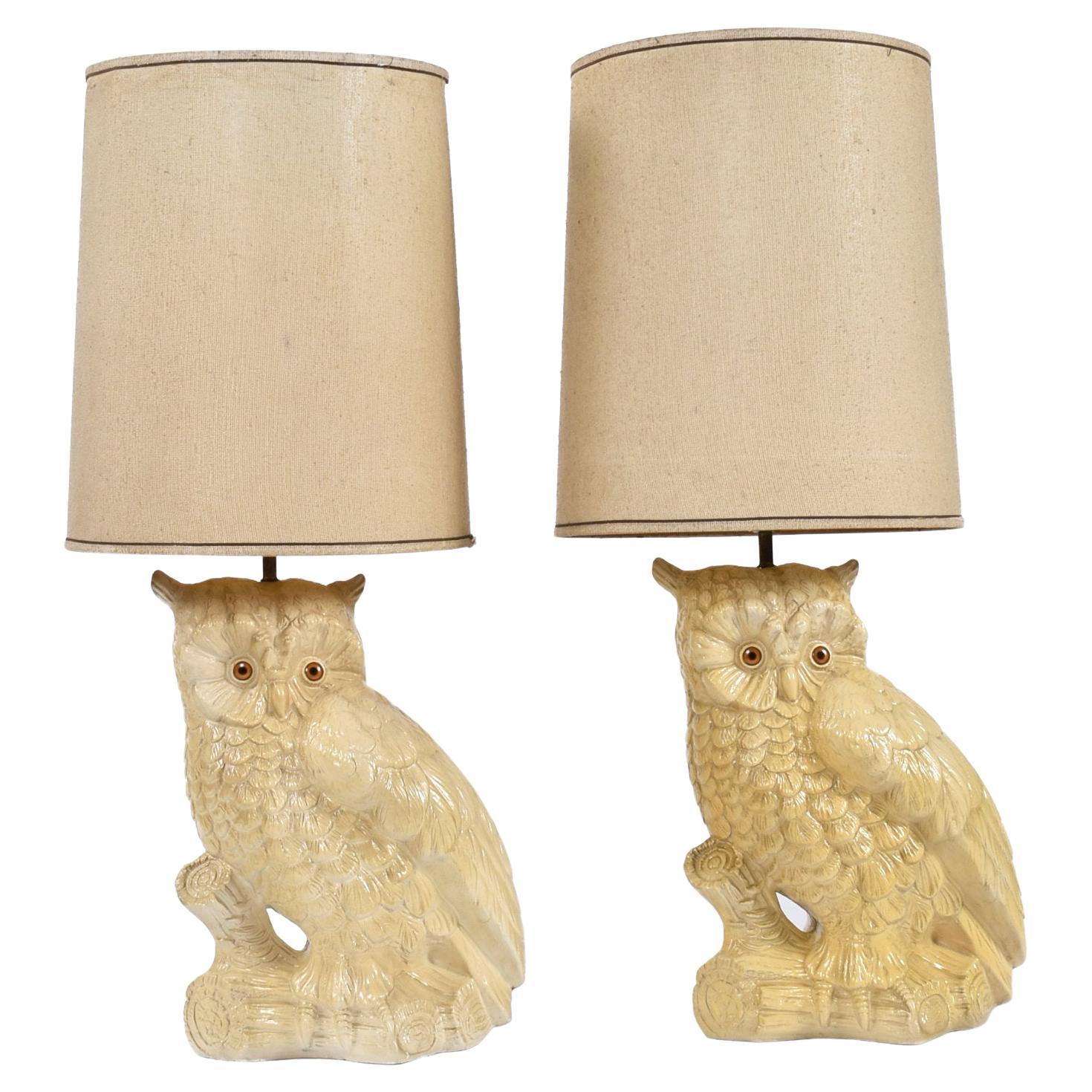 Pair of Mid-Century Large Antique White Owl Lamps with Original Shades For Sale