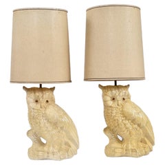 Pair of Mid-Century Large Antique White Owl Lamps with Original Shades