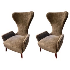 Pair of Mid-Century Large Sculptural Upholstered Tall Wing Chairs