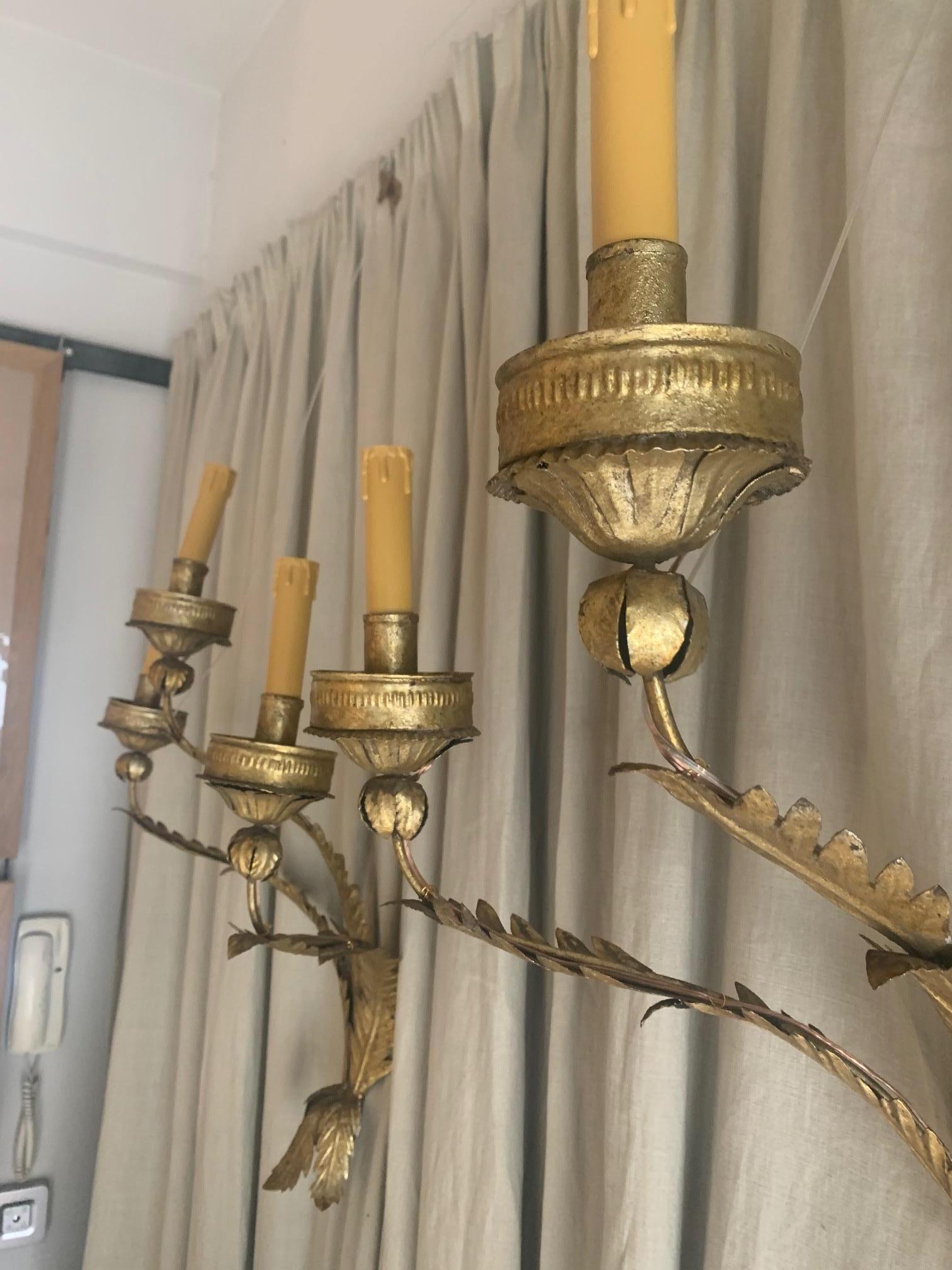 Pair of Midcentury Large Three Arms Wrought Gold Iron Spanish Sconces 3