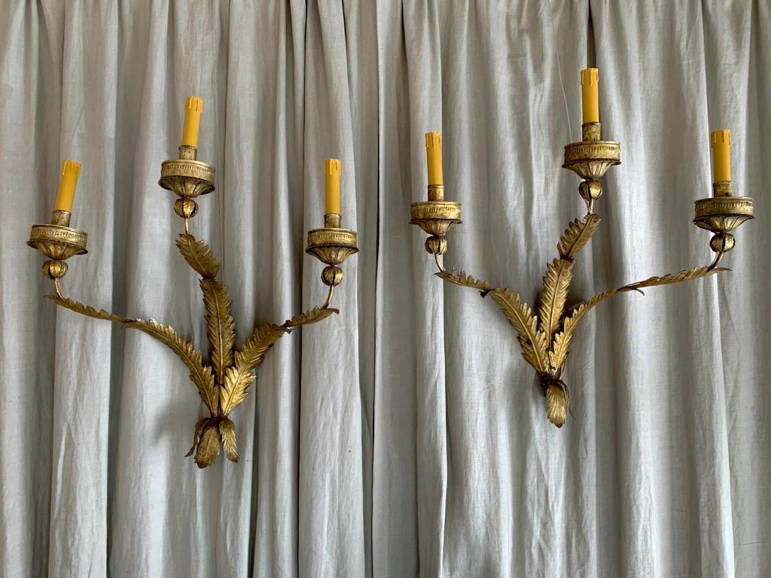 Pair of Midcentury Large Three Arms Wrought Gold Iron Spanish Sconces 9
