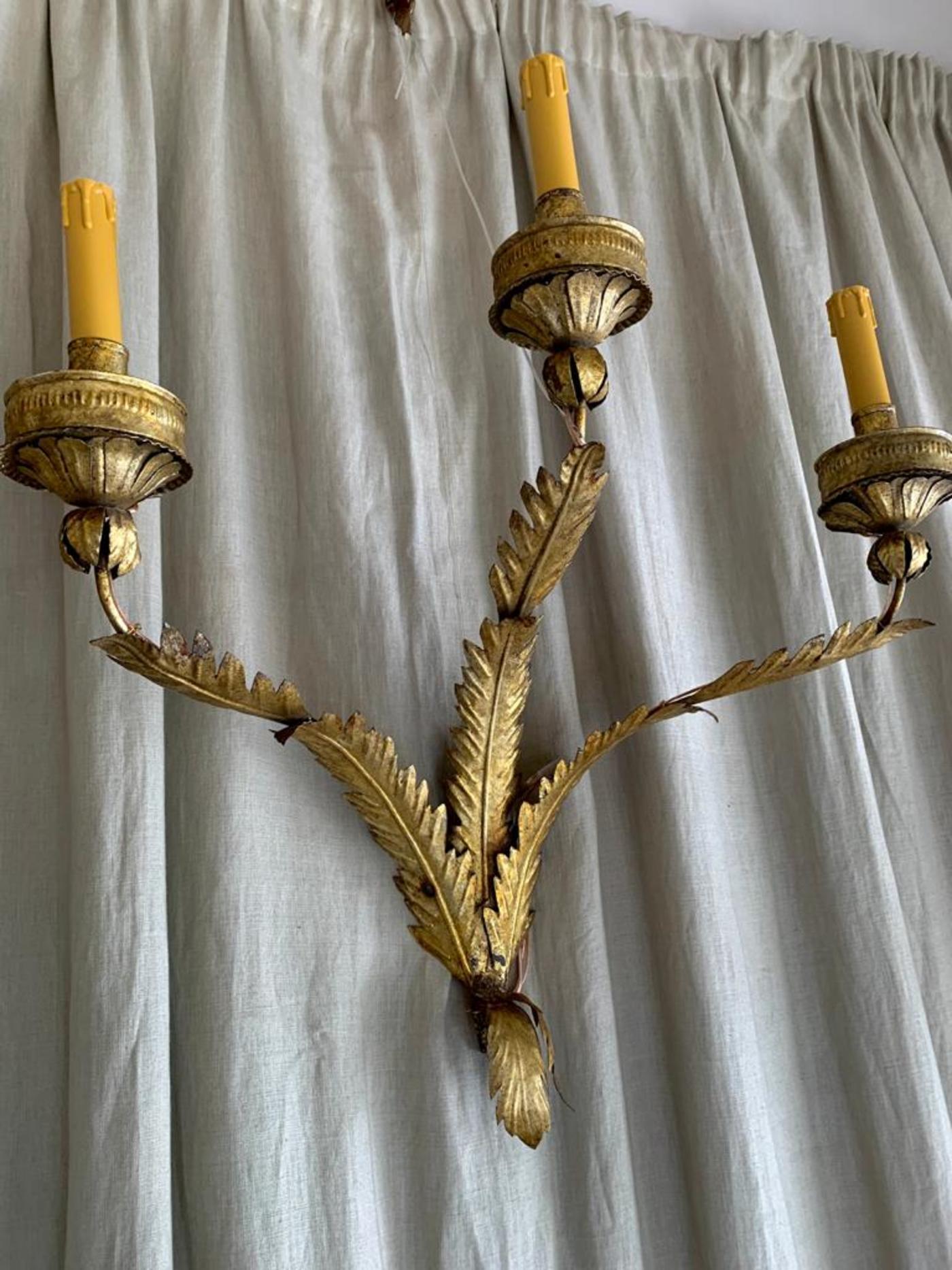 Pair of Midcentury Large Three Arms Wrought Gold Iron Spanish Sconces 10