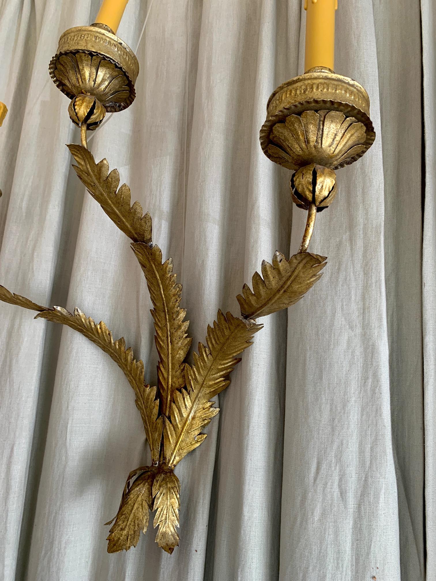 Gilt Pair of Midcentury Large Three Arms Wrought Gold Iron Spanish Sconces