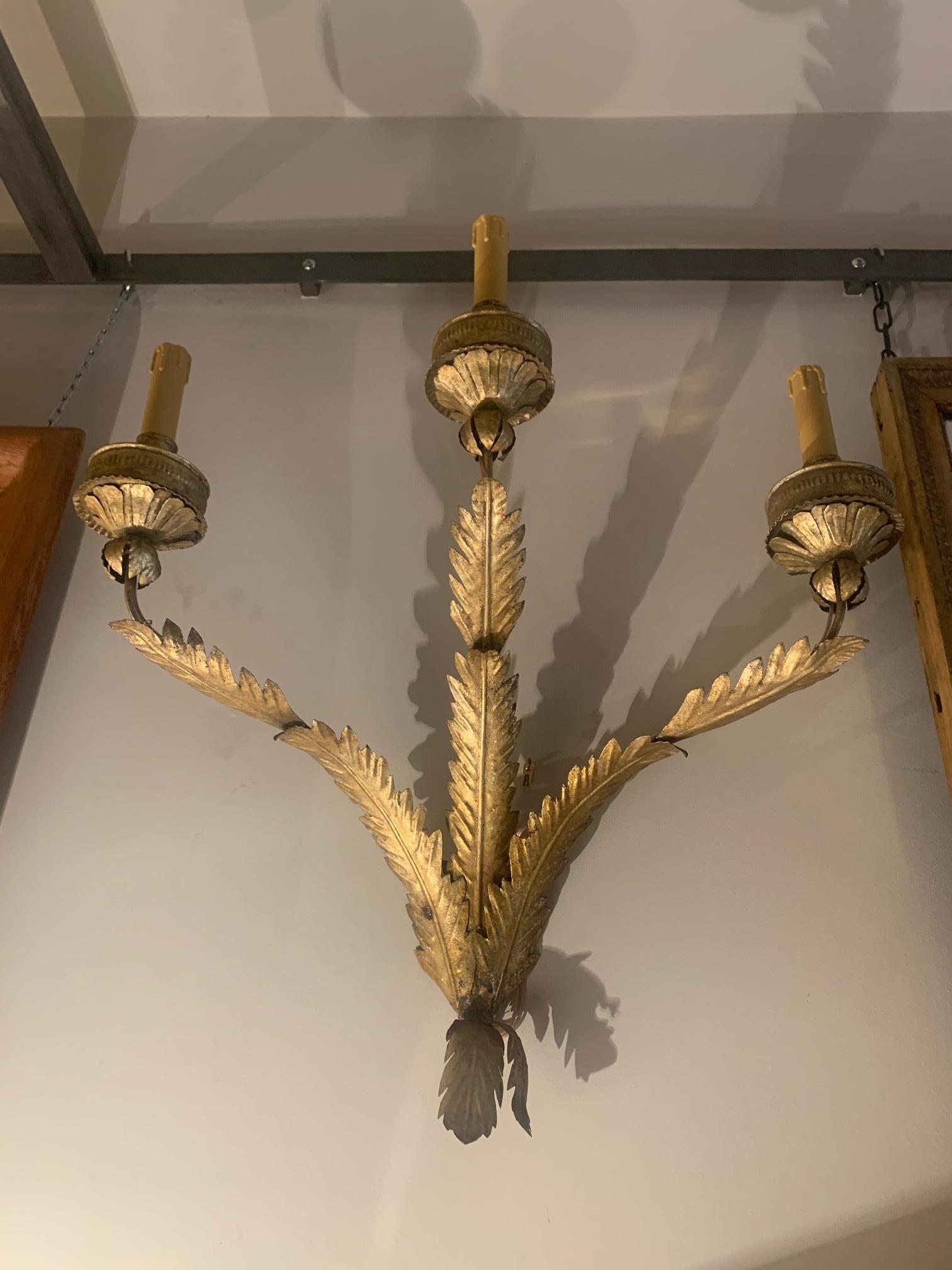 Pair of Midcentury Large Three Arms Wrought Gold Iron Spanish Sconces In Good Condition In Madrid, ES