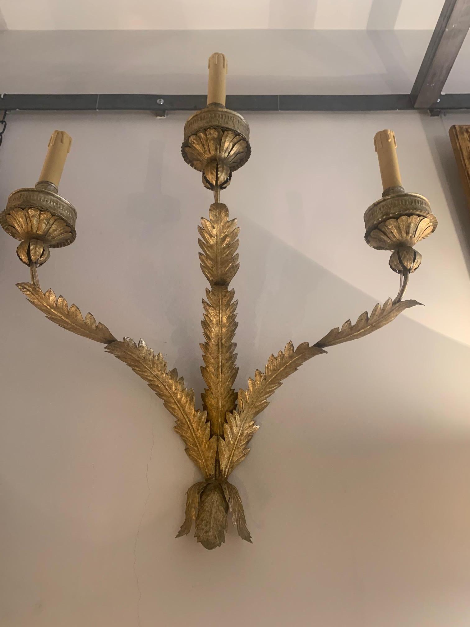 20th Century Pair of Midcentury Large Three Arms Wrought Gold Iron Spanish Sconces