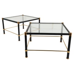 Pair of Mid-Century Leather and Brass Side Tables with Glass Top, France