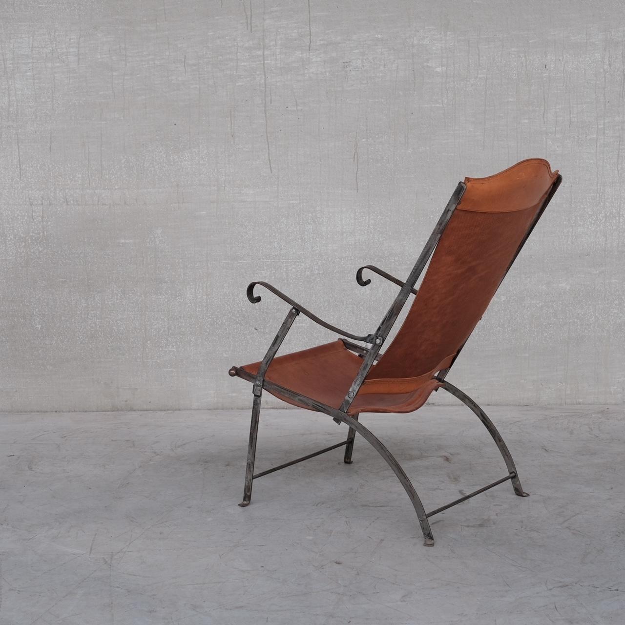 Pair of Mid-Century Leather and Metal Folding Armchairs For Sale 4