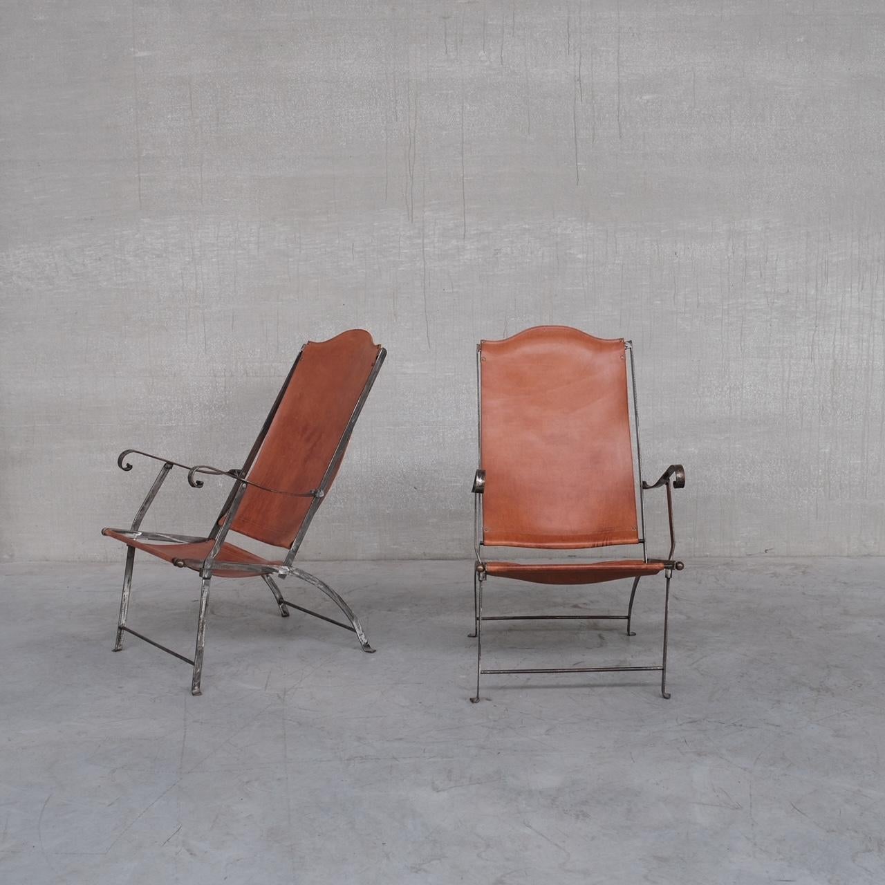 Pair of Mid-Century Leather and Metal Folding Armchairs For Sale 5