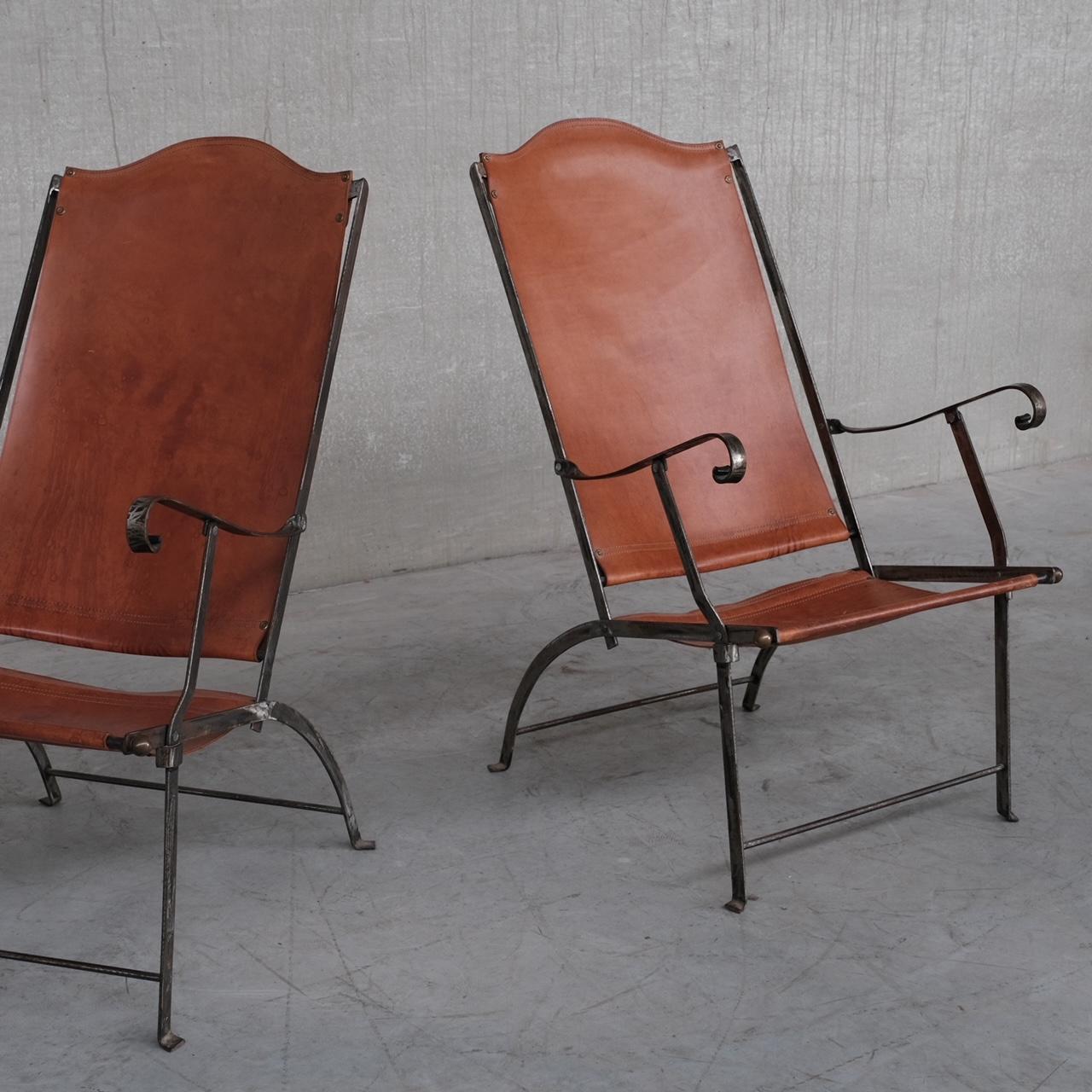 Pair of Mid-Century Leather and Metal Folding Armchairs For Sale 6