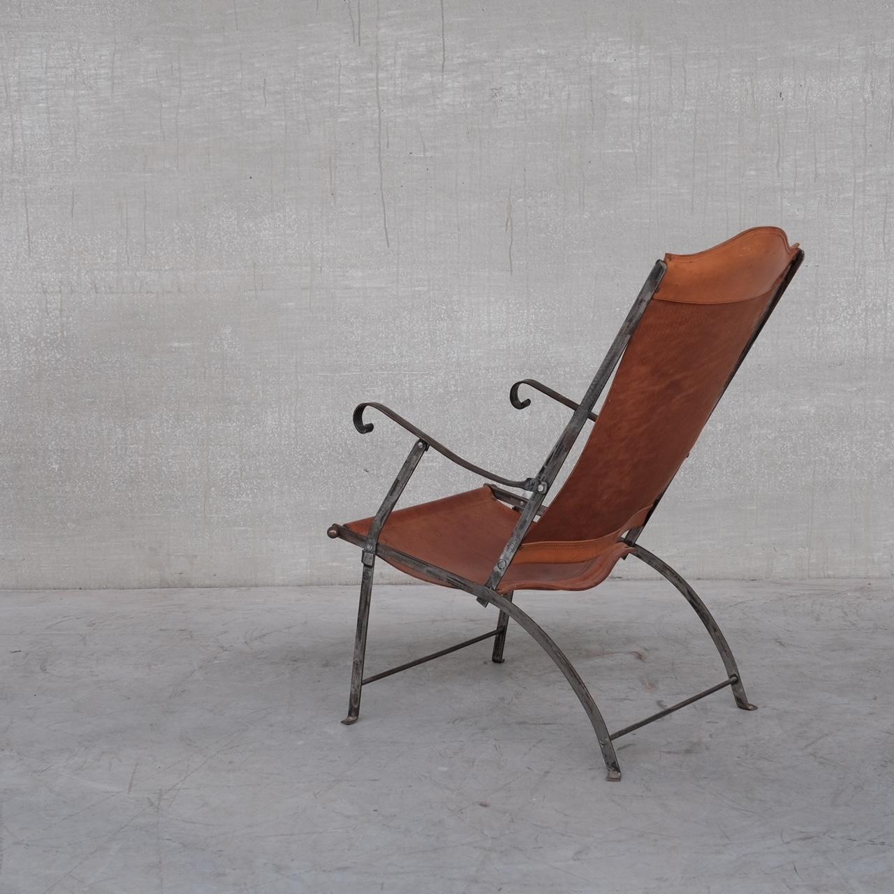 Pair of Mid-Century Leather and Metal Folding Armchairs For Sale 3