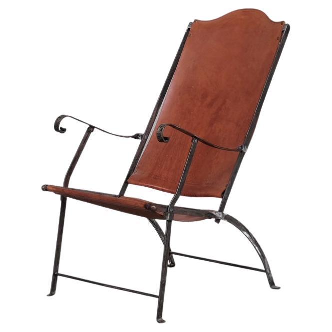 Pair of Mid-Century Leather and Metal Folding Armchairs For Sale
