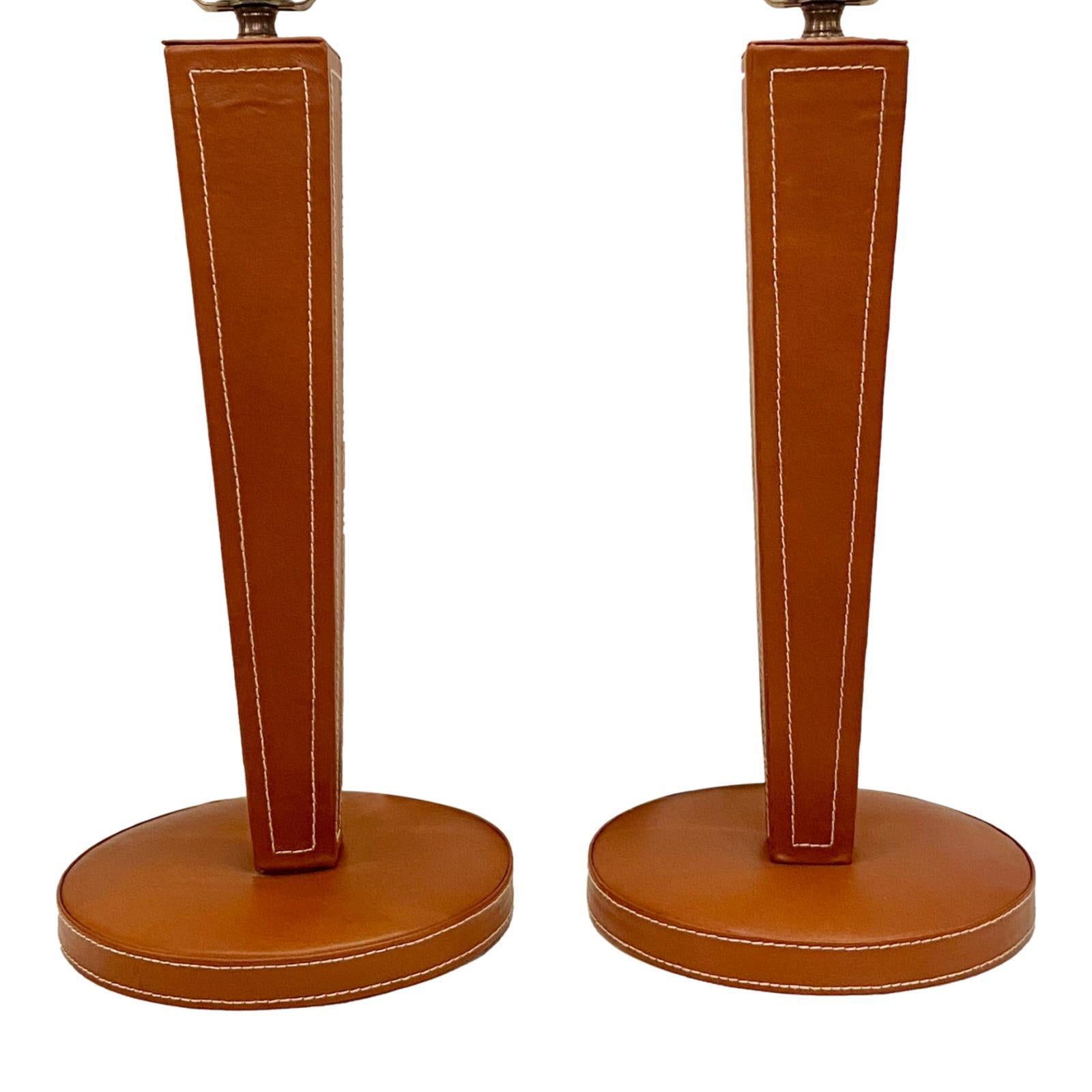 French Pair of Mid Century Leather Bound Table Lamps For Sale