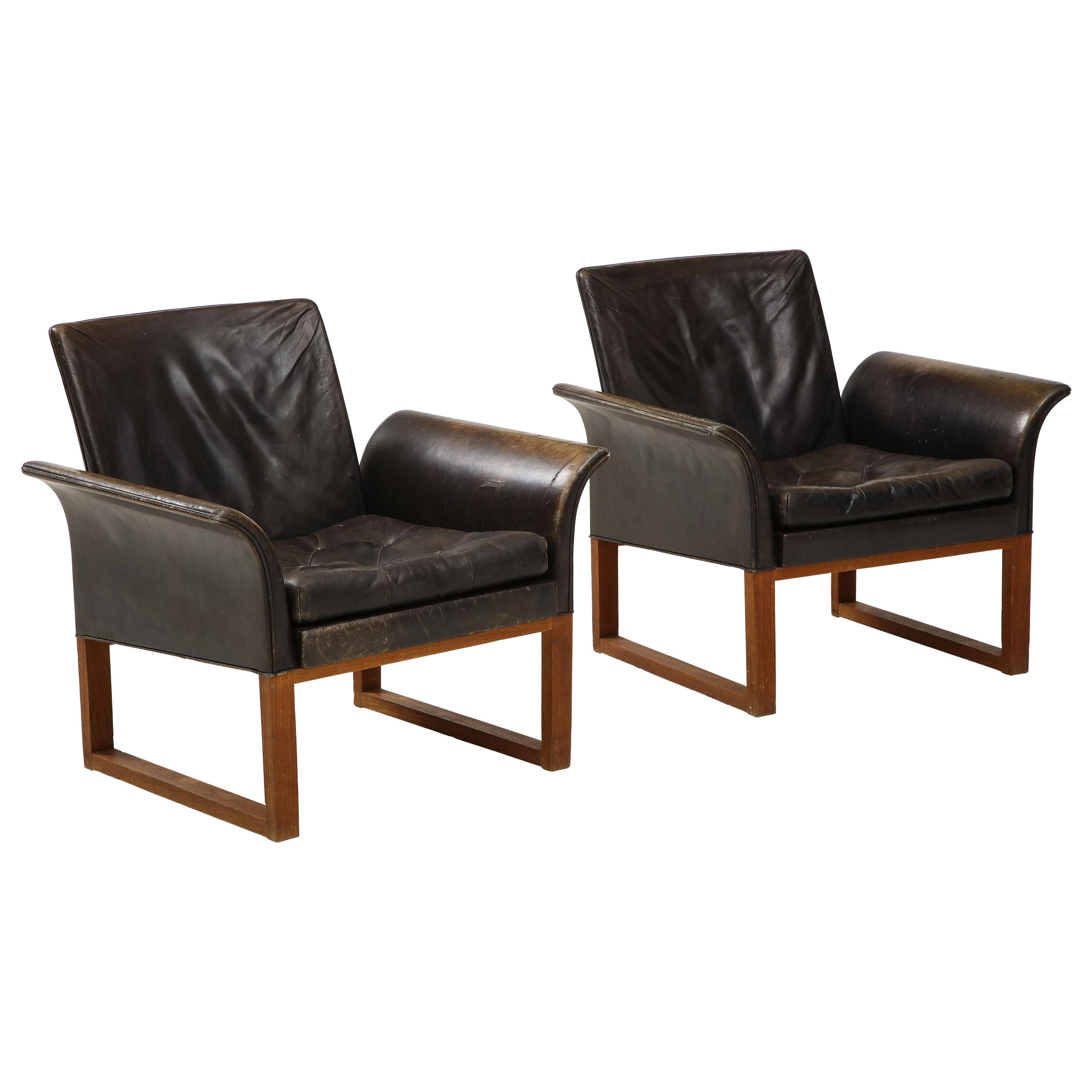 Pair of Rare Mid-Century Leather Club Chairs, Sweden, circa 1950s