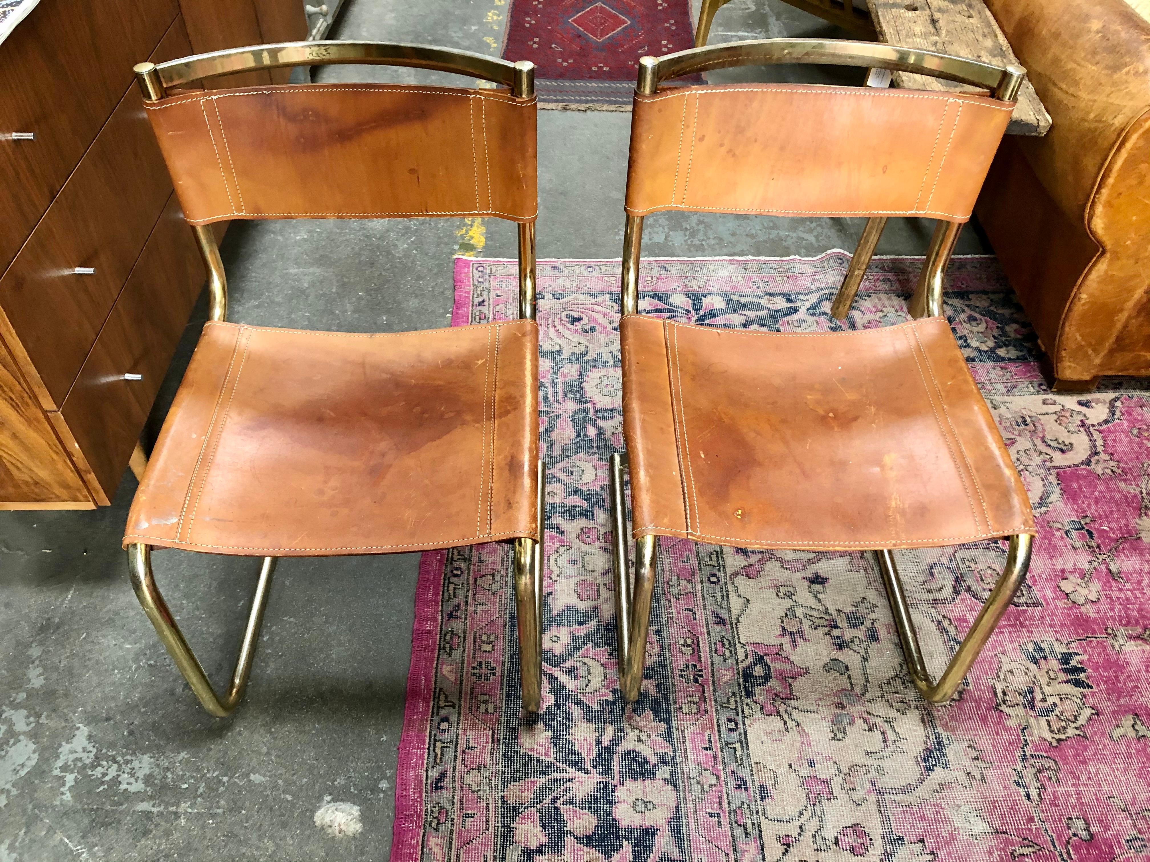 Mid-Century Modern Pair of Mid Century Leather & Brass Chairs