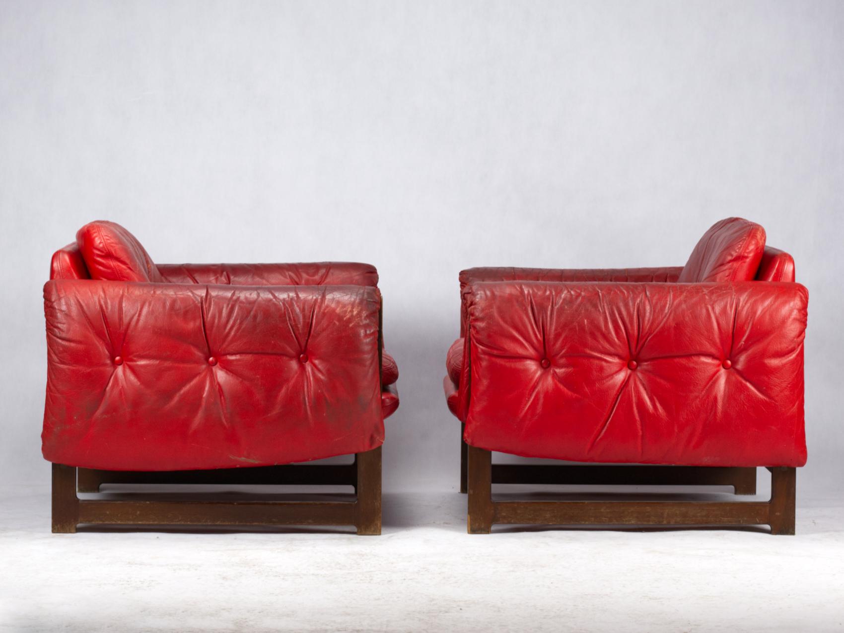 Finnish Pair of Mid Century Leather Lounge Chairs by Risto Halme for Peem Finland 1960s