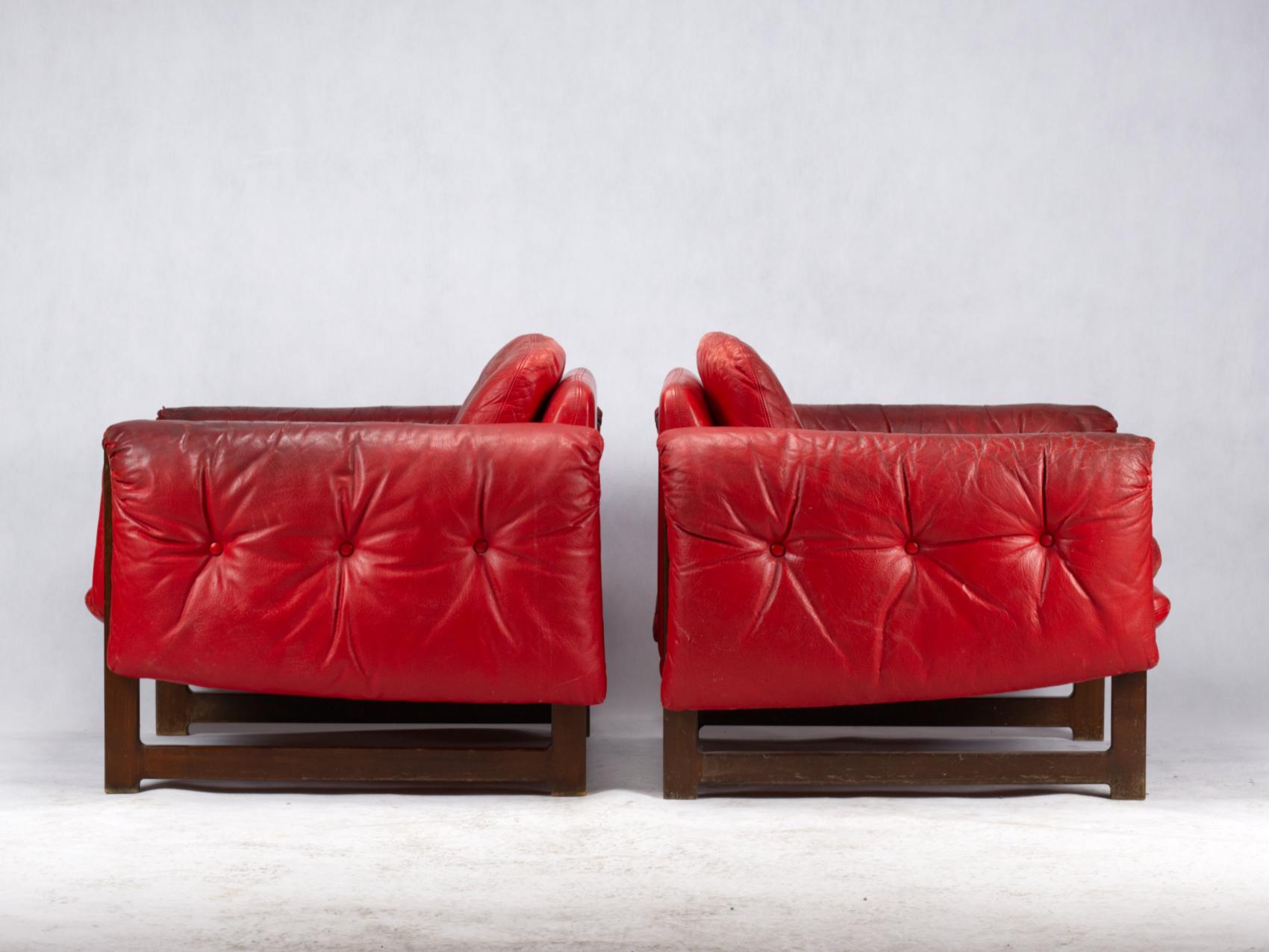 20th Century Pair of Mid Century Leather Lounge Chairs by Risto Halme for Peem Finland 1960s