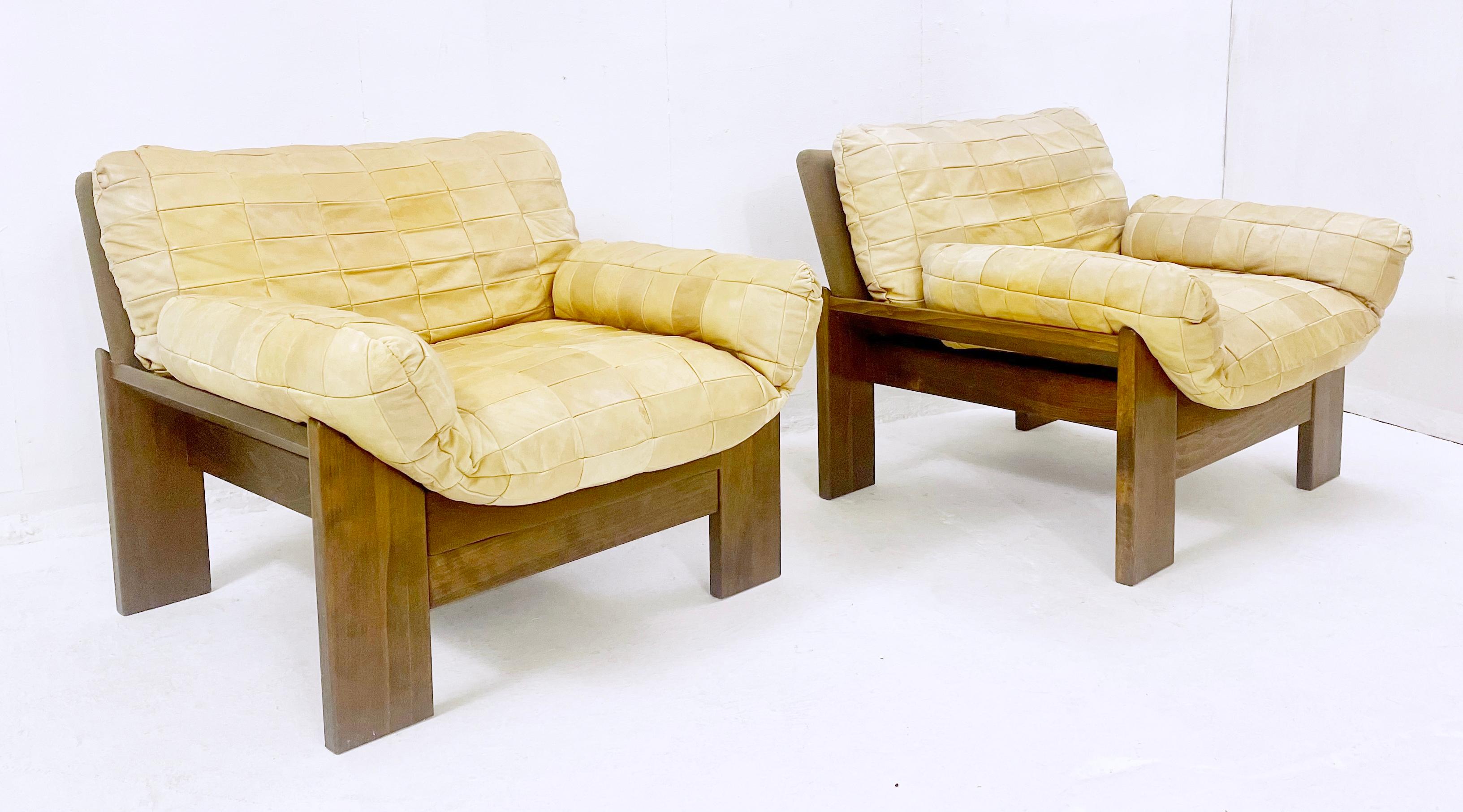 Belgian Pair of Mid-Century Leather Patchwork Wooden Armchairs, 1970s